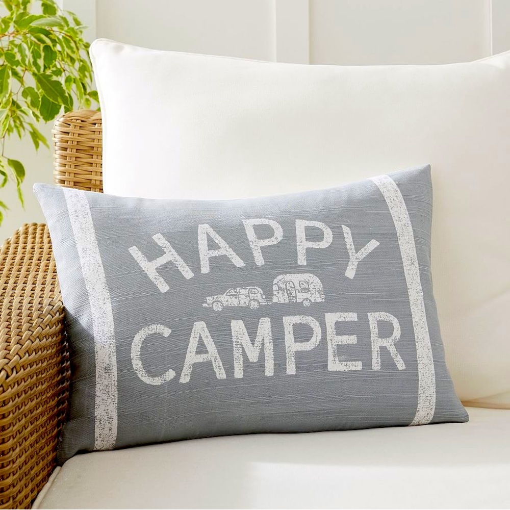 2 New Pottery Barn Airstream 'Happy Camper' lumbar pillow covers RV camping gray